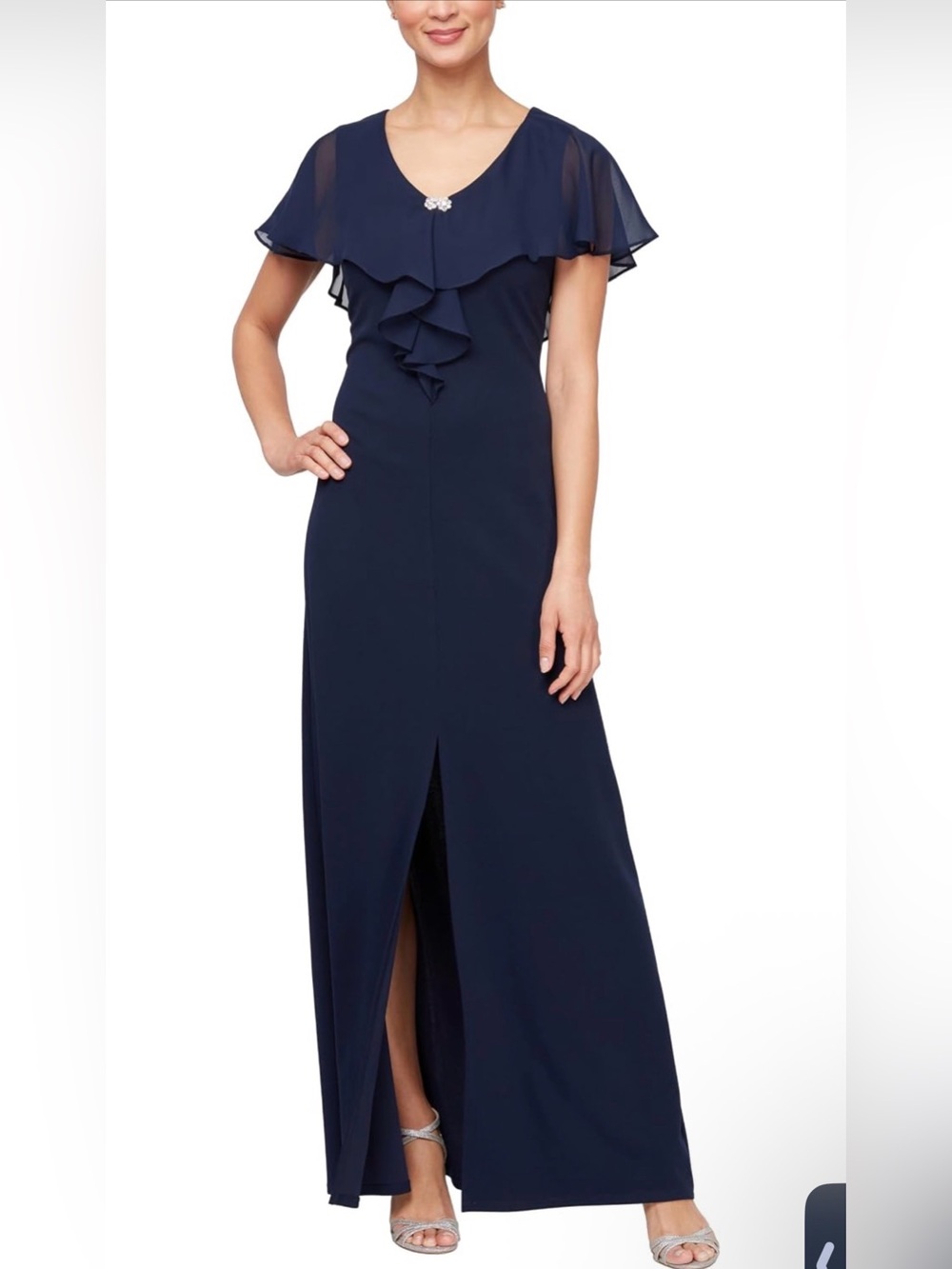 S.L. Fashions Women's Long Fit & Flare Dress with Illusion Overlay Bodice and Fr
